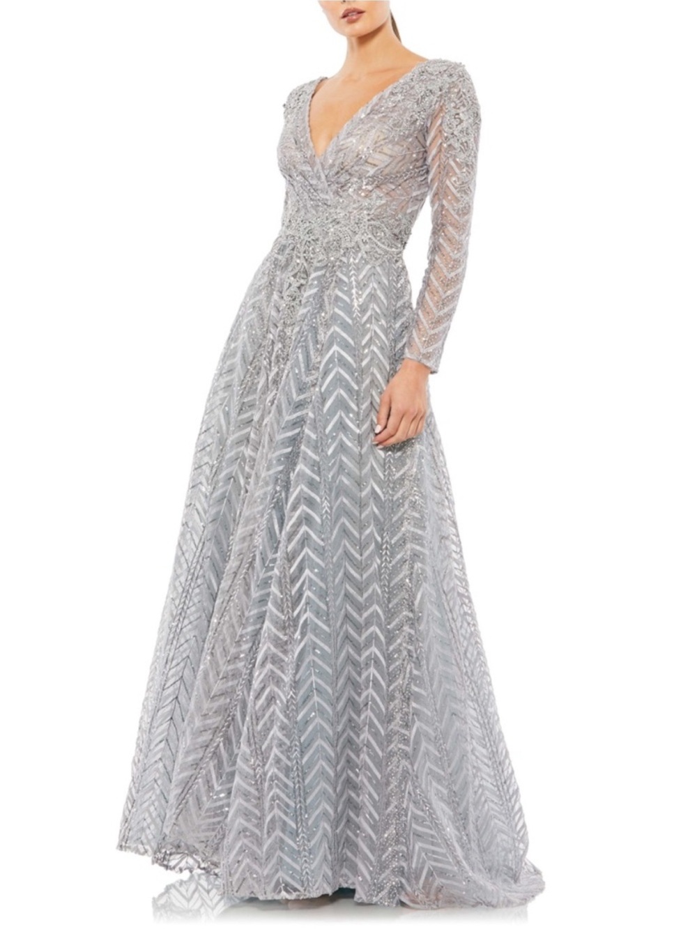 Mac Duggal 20189 Embellished Illusion Long Sleeve Wrap Over Gown - NEW